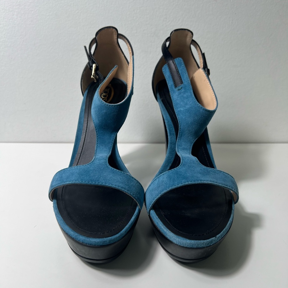 Tod's Sand Plat Gooma T105 Fasce Suede & Leather T-Strap Platform Sandal Heels - Picture 8 of 14